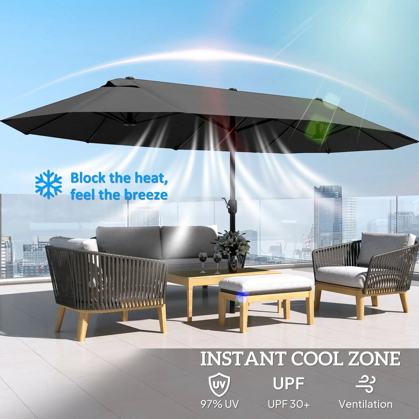 15ft Double-Sided Sun Umbrella, Twin Canopy, Crank, Black Sun Umbrellas at Gallery Canada