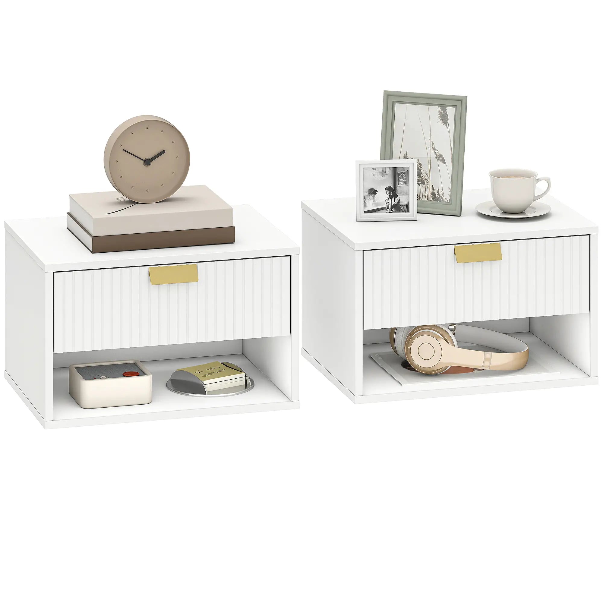Set of 2 Floating Nightstands, Wall Mounted with Fluted Drawer and Shelf, White Bedside Tables at Gallery Canada
