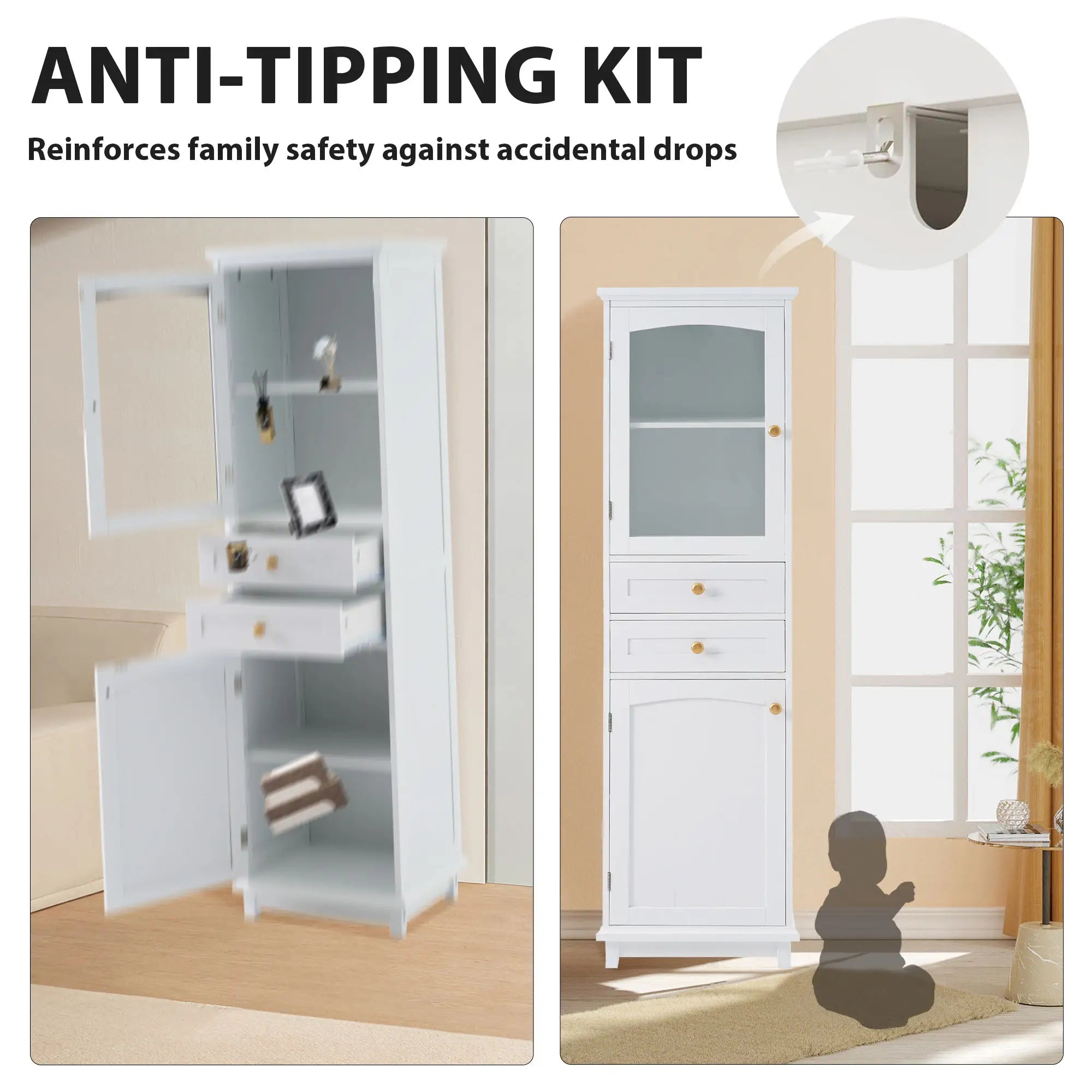 Bathroom Storage Cabinet, Glass Doors, Adjustable Shelves, 18