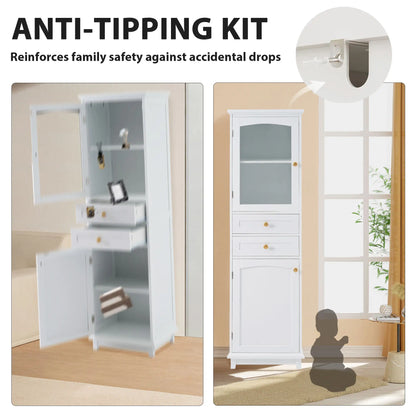 Bathroom Storage Cabinet, Glass Doors, Adjustable Shelves, 18" L x 14" W x 63" H, White Bathroom Cabinets at Gallery Canada