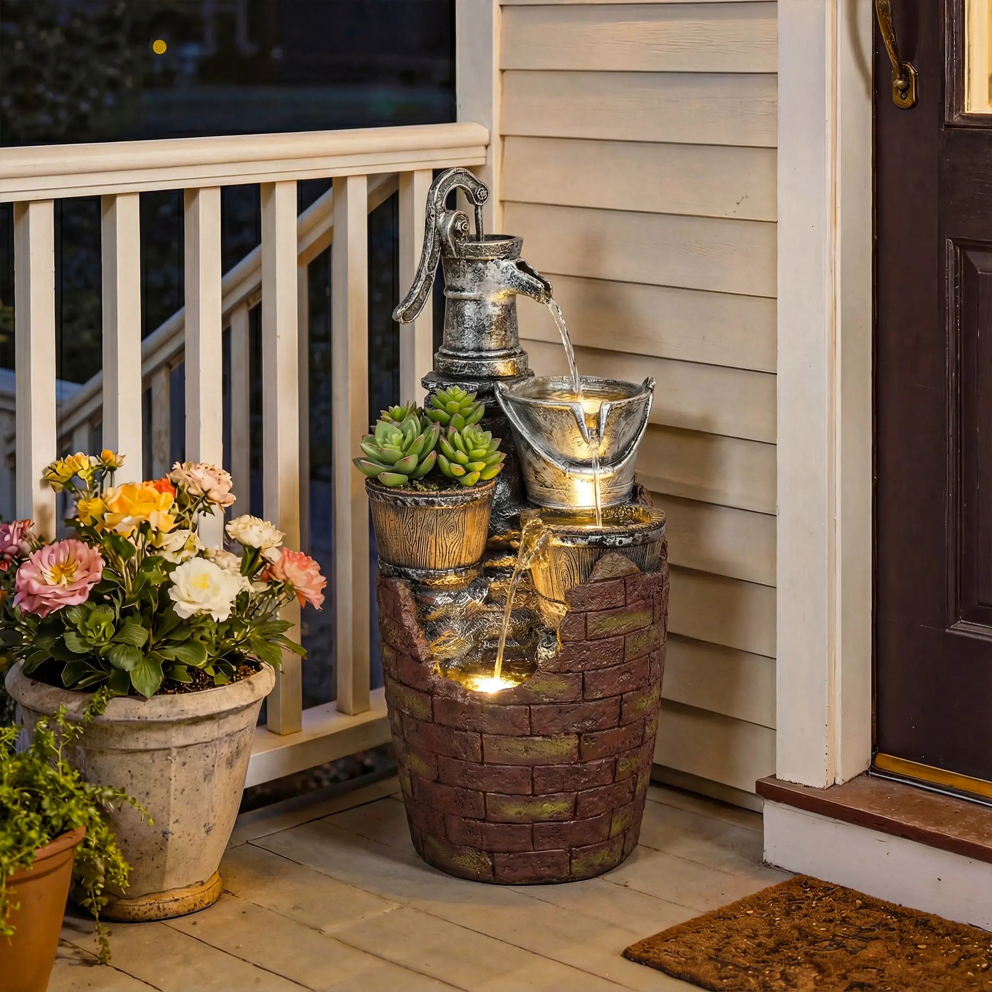4-Tier Outdoor Fountain With Planter, Cascading Waterfall, LED Lights, Rustic Brown And Grey Water Fountains at Gallery Canada