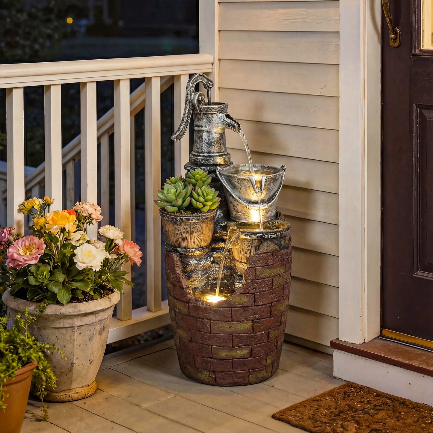 4-Tier Outdoor Fountain With Planter, Cascading Waterfall, LED Lights, Rustic Brown And Grey Water Fountains at Gallery Canada
