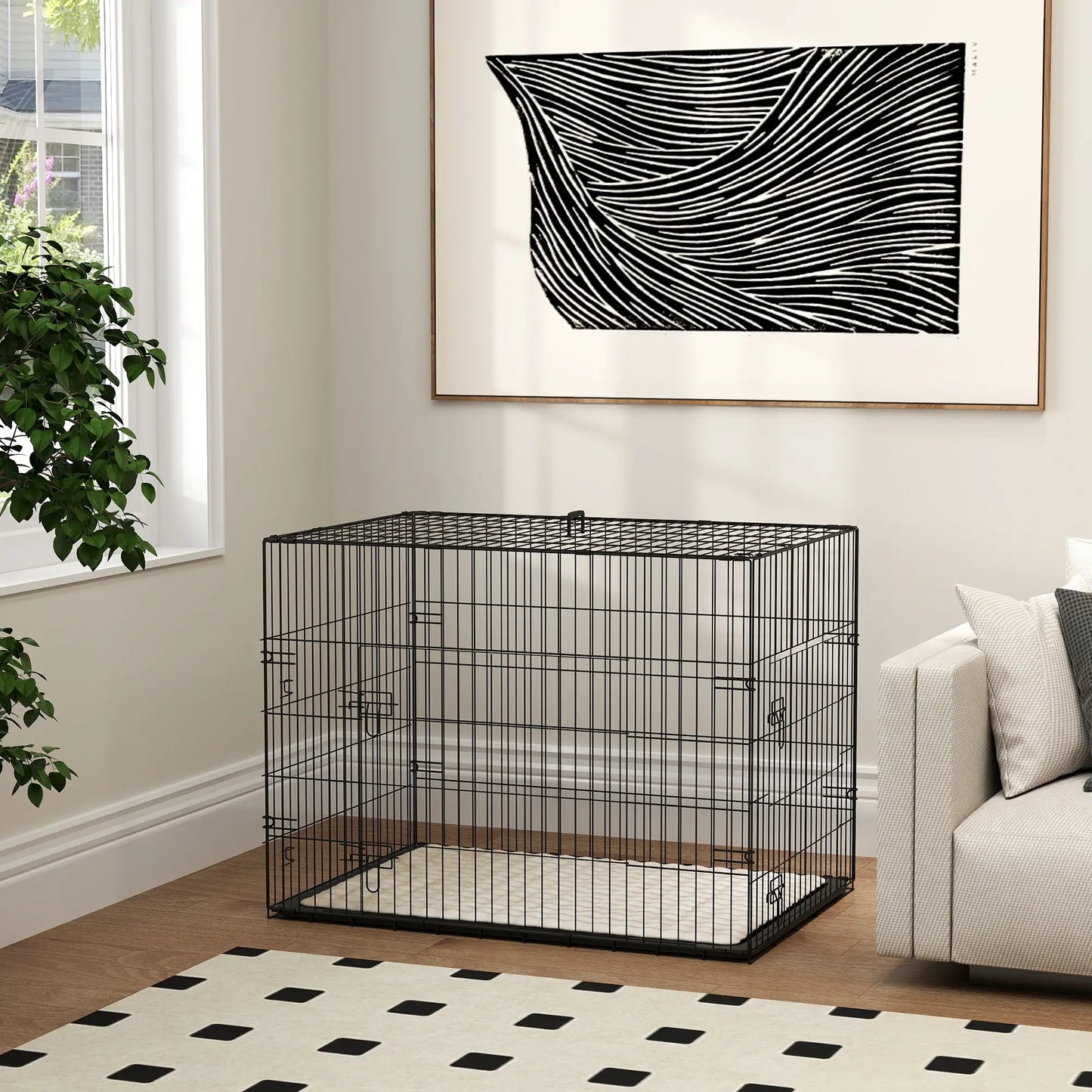35" Dog Crate, Folding Metal Cage, Removable Tray, Cushion, Black