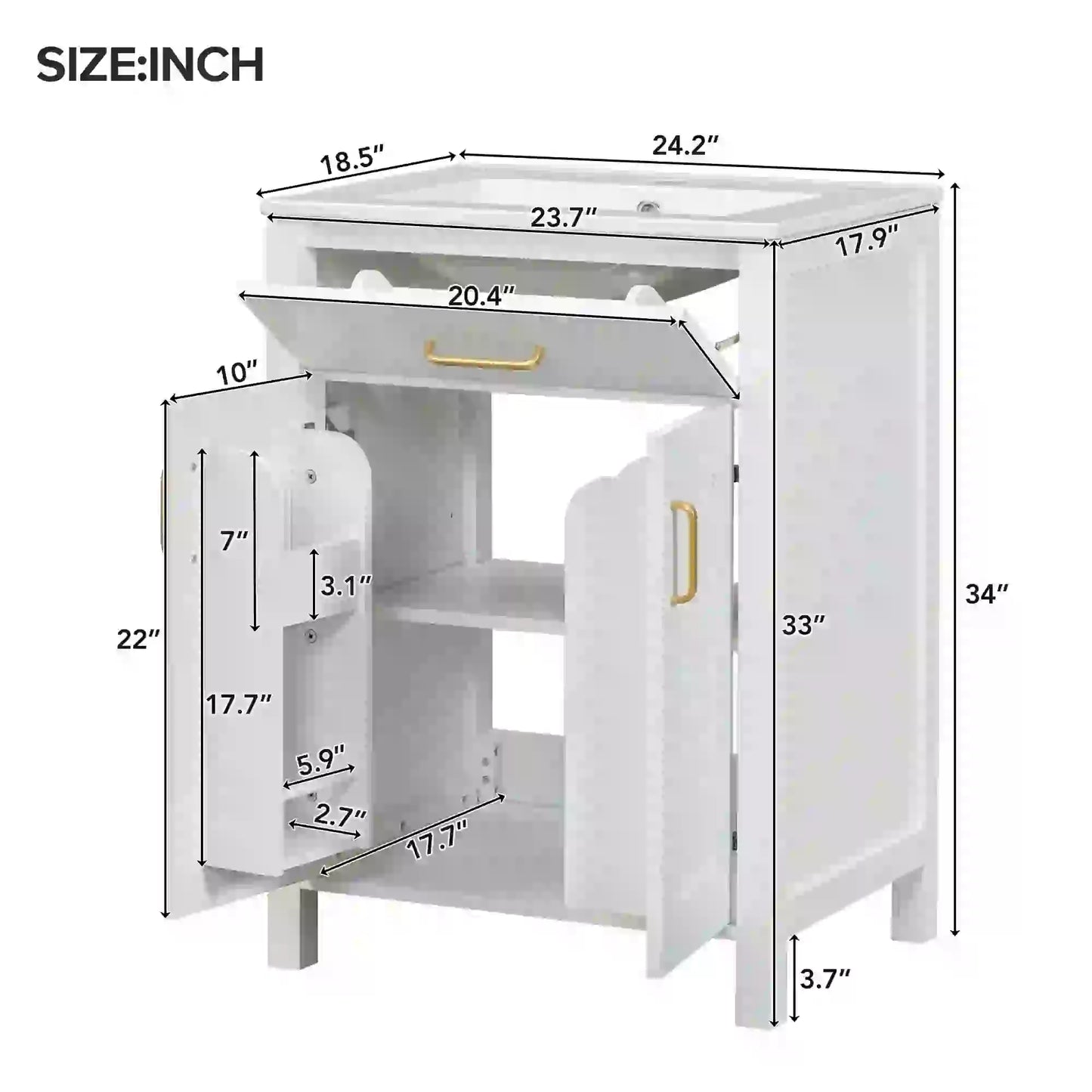Bathroom Vanity Combo, Ceramic Sink, Storage Cabinet, 24" L x 18.5" W x 34" H, White Sink Cabinets at Gallery Canada