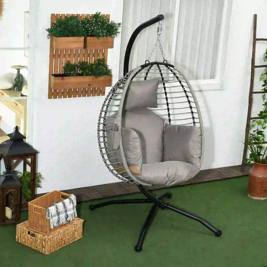 Outdoor Hanging Egg Chair, Thick Padded Cushion, Patio Swing Chair, Grey Patio Swings with Stand Grey at Gallery Canada