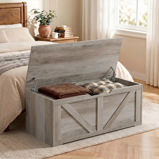 Storage Chest with Safety Hinges, Grey Wood Grain, 39.4 Inches, Grey Storage Cabinets Grey Wood Grain at Gallery Canada