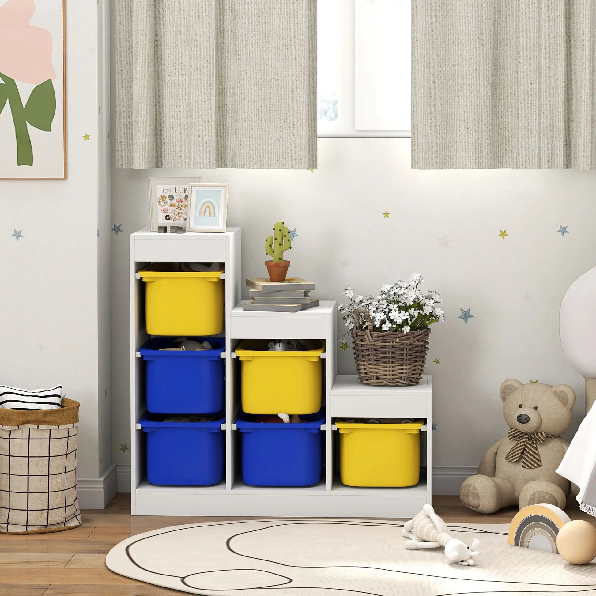 3 Layer Toy Storage Organizer Kids Bookshelf, 6 Plastic Bins, Yellow, Blue Baby & Kids Storage at Gallery Canada