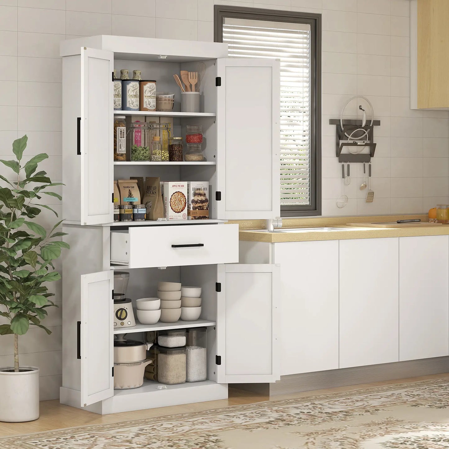 72" Kitchen Storage Cabinet, Farmhouse Pantry, 4 Barn Doors, Drawer, Adjustable Shelves, White Kitchen Pantry Cabinets at Gallery Canada