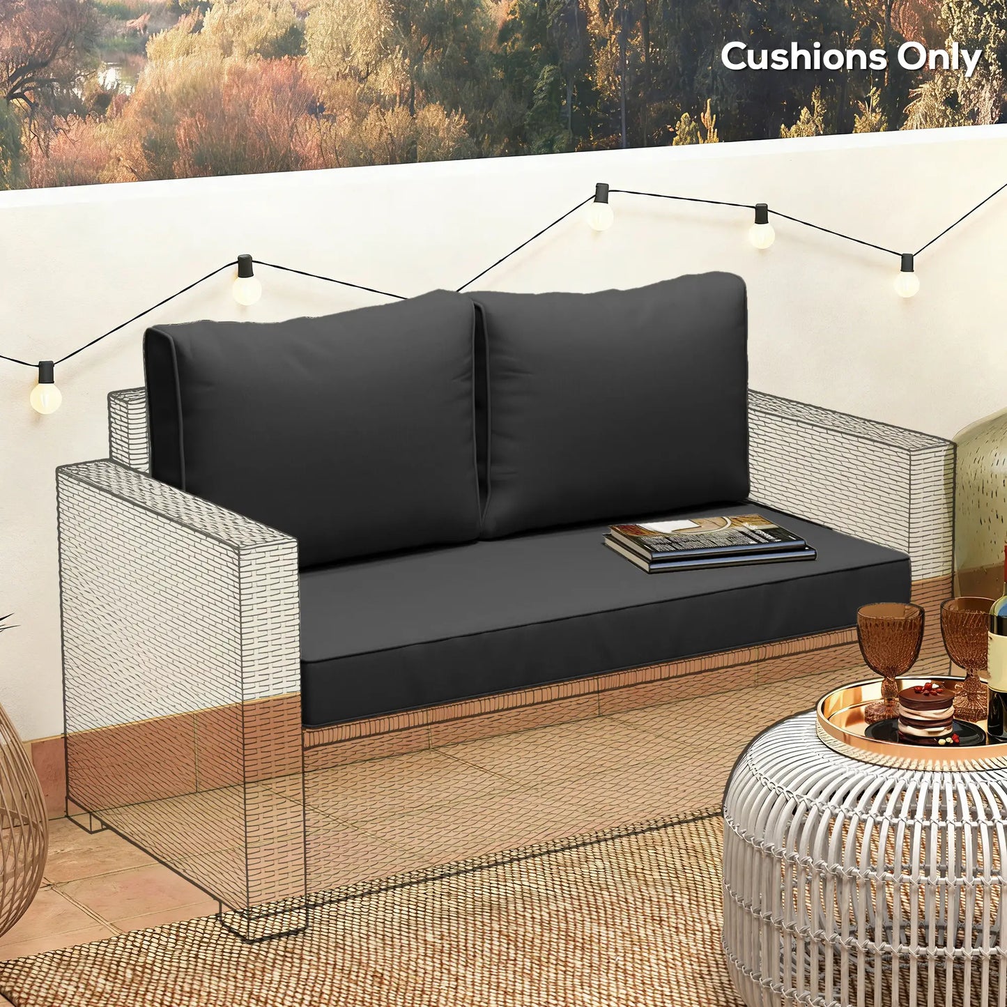 2 Seater Outdoor Cushions With Backrest, Black Patio Chair Cushions at Gallery Canada