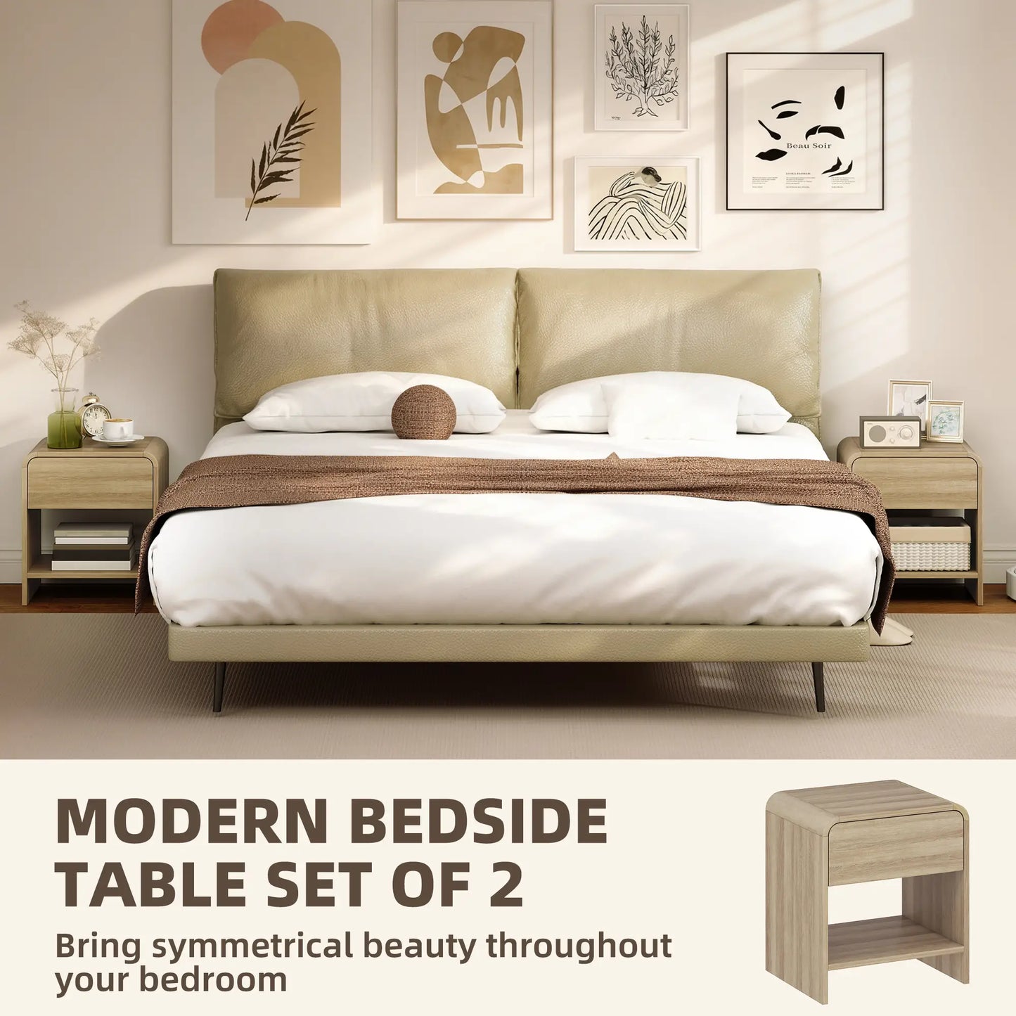 Modern Nightstand Set Of 2, Natural Wood, With Drawer And Open Shelf