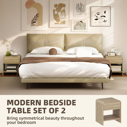 Modern Nightstand Set Of 2, Natural Wood, With Drawer And Open Shelf