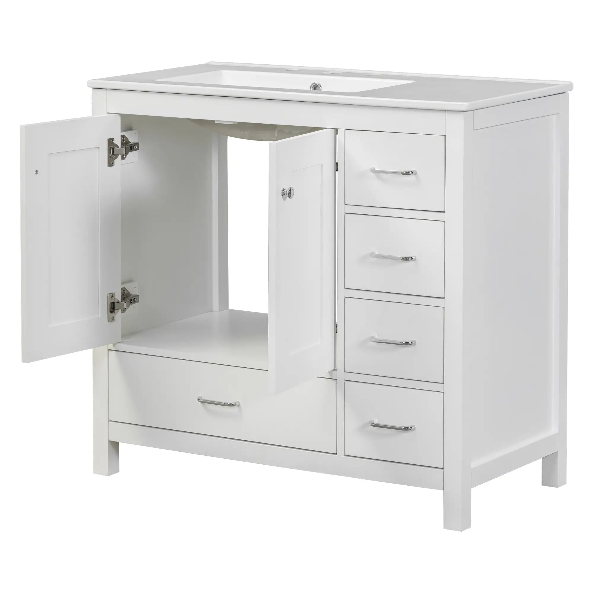Bathroom Vanity, Ceramic Sink, 2 Soft Close Doors, 5 Drawers, 36
