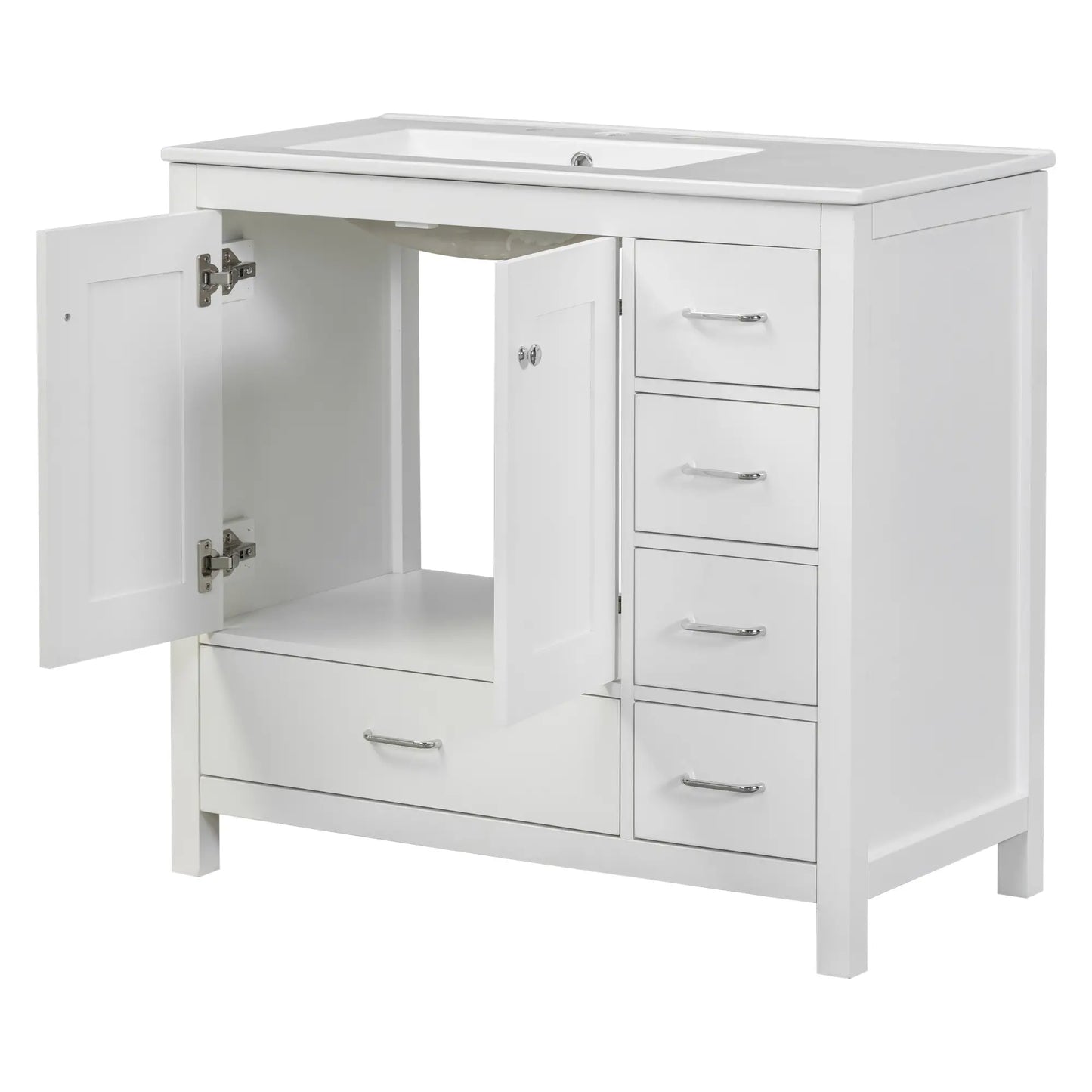 Bathroom Vanity, Ceramic Sink, 2 Soft Close Doors, 5 Drawers, 36" L x 18" W x 34" H, White Sink Cabinets at Gallery Canada