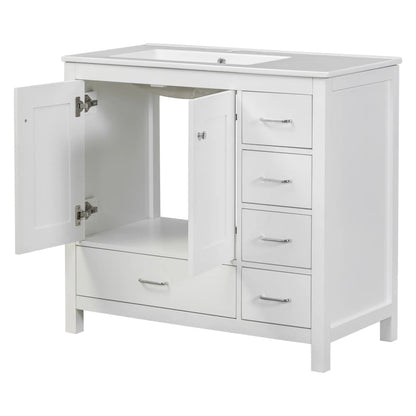 Bathroom Vanity, Ceramic Sink, 2 Soft Close Doors, 5 Drawers, 36" L x 18" W x 34" H, White Sink Cabinets at Gallery Canada
