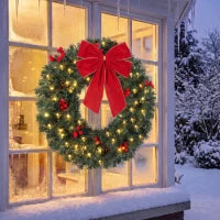 Couronne de Noël artificielle de 24 pouces, 50 lumières LED, nœud, vert