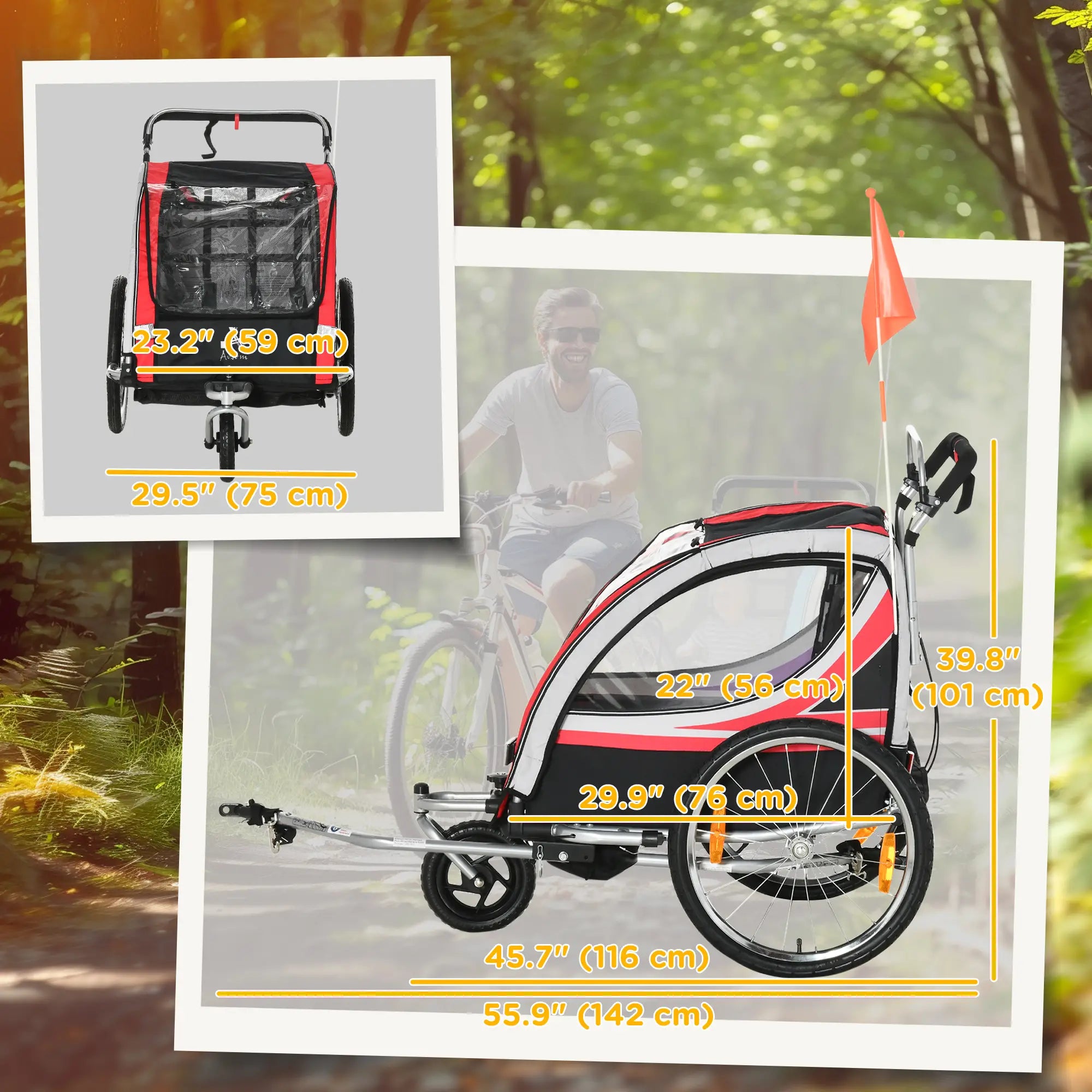 2 Seat Bike Trailer, Double Jogging Stroller, Handbrake, Red Kids Bike Trailers at Gallery Canada