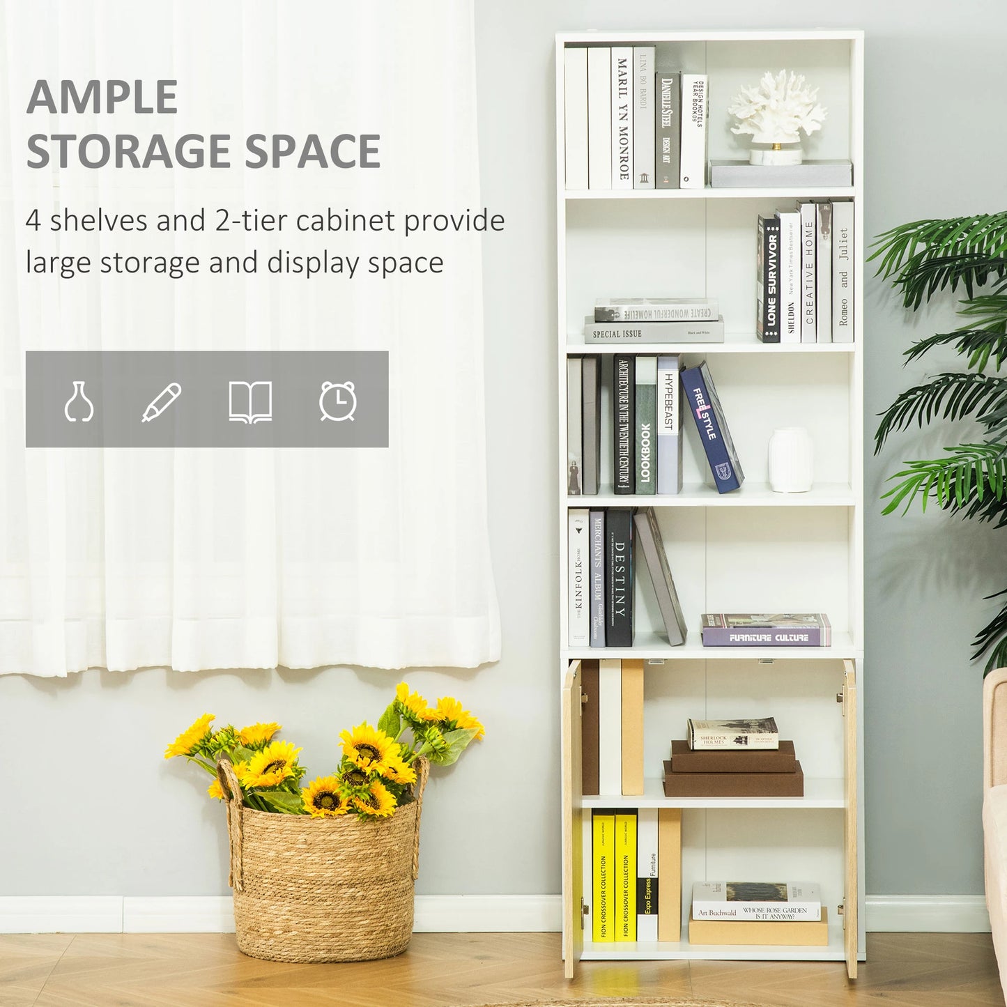 4-Tier Open Bookshelf with Doors, Home Office Storage Cabinet, Oak White Bookshelves at Gallery Canada