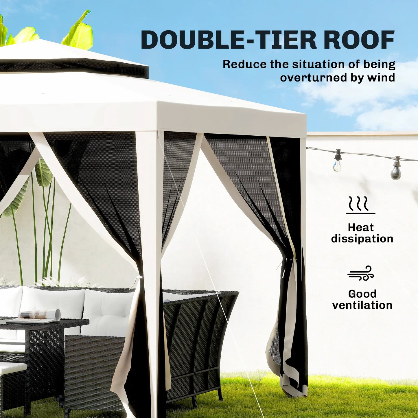 10' x 10' Outdoor Canopy Tent, Mesh Netting, Double Tier Roof, Cream White Gazebos at Gallery Canada
