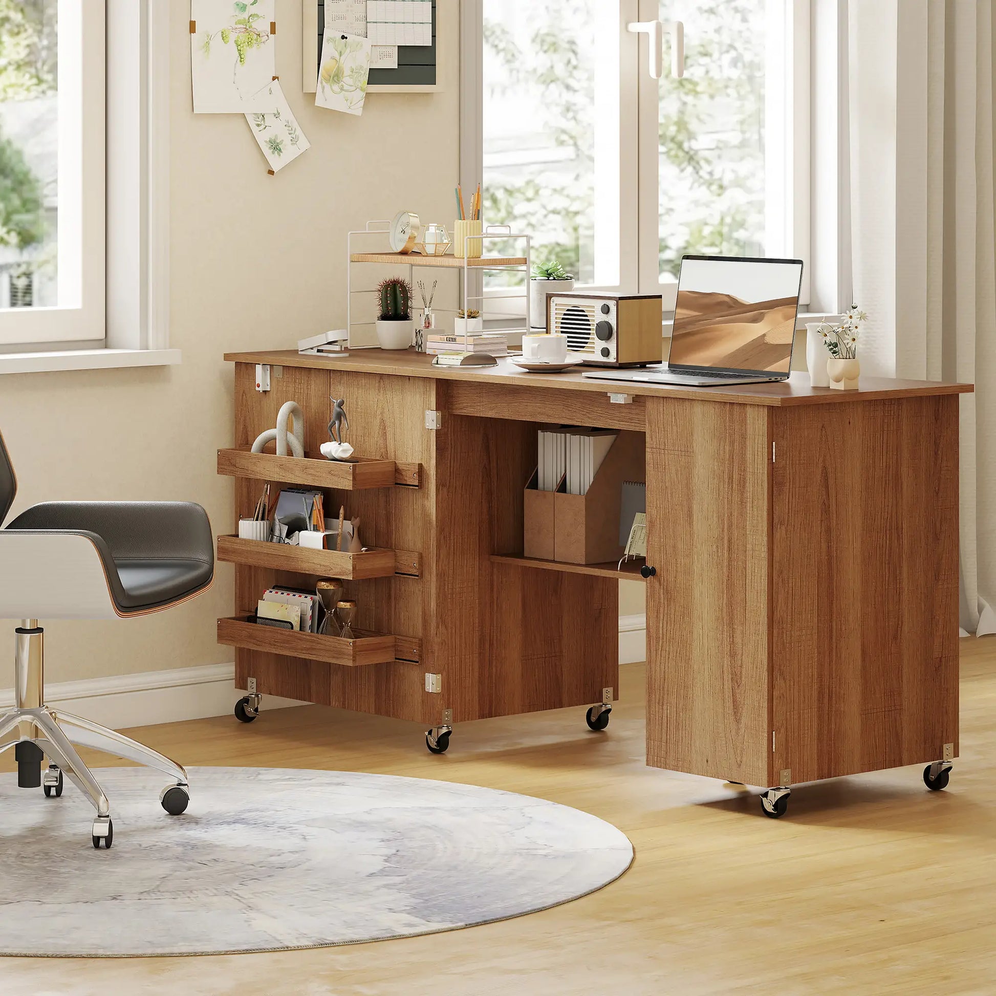 Sewing Machine Table, Drop Leaf, 2 Doors, Adjustable Shelf, Brown Sewing Cabinets at Gallery Canada