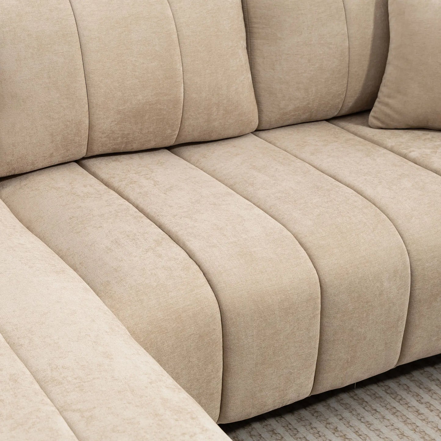 Canapé sectionnel en forme de L 3 places avec méridienne, coussin à ressorts, oreillers, beige