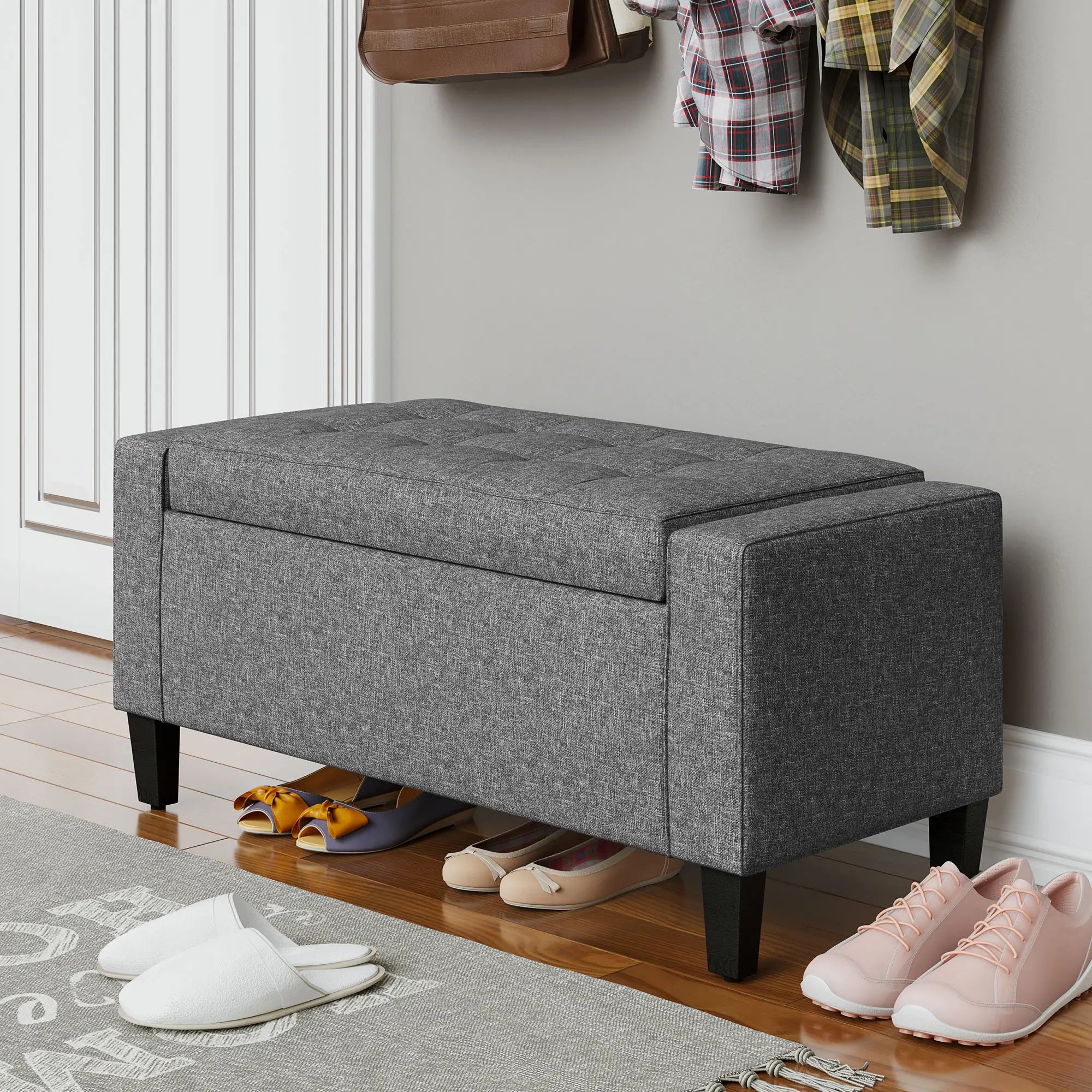 Storage Ottoman Bench, Tufted Linen Fabric, Flipping Top, Grey Storage Ottomans & Benches at Gallery Canada