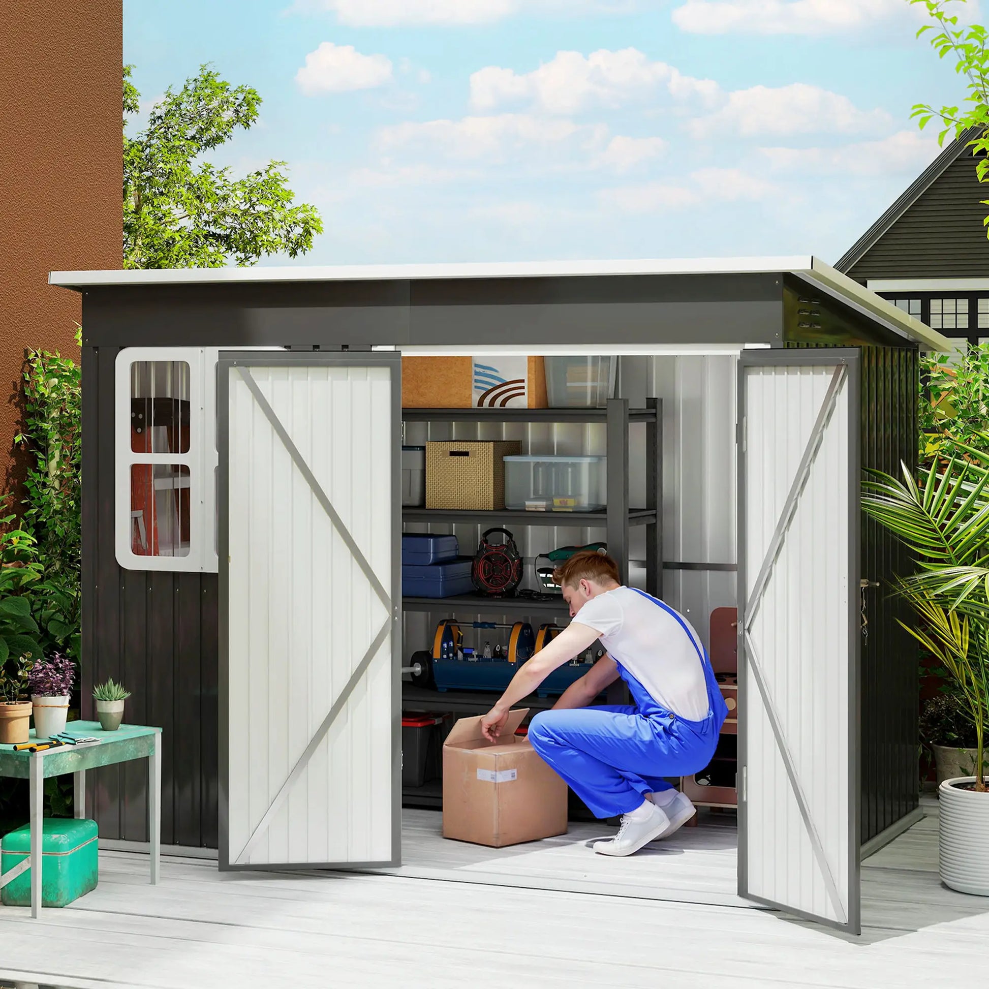 8.5' x 6' Galvanised Steel Outdoor Storage Shed, Lockable Doors, Dark Grey Sheds at Gallery Canada