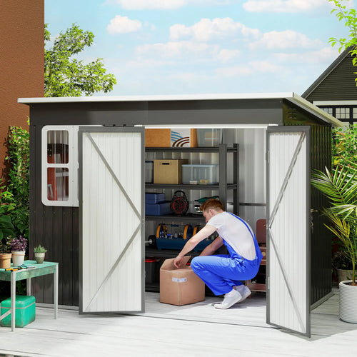 8.5' x 6' Galvanised Steel Outdoor Storage Shed, Lockable Doors, Dark Grey