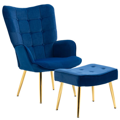 Modern Accent Chair with Ottoman, Upholstered Armchair, Gold Legs, Dark Blue Accent Chairs at Gallery Canada