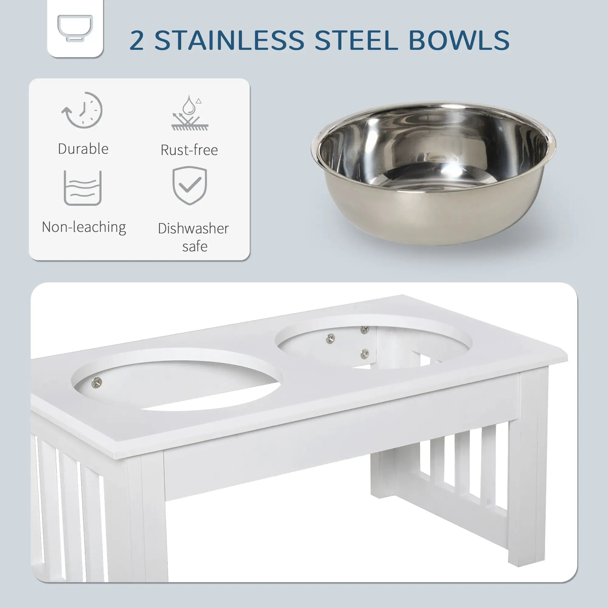 Double Pet Dog Bowl Stand, Elevated Wooden Feeder, Stainless Steel Bowls, White Dog Bowls at Gallery Canada