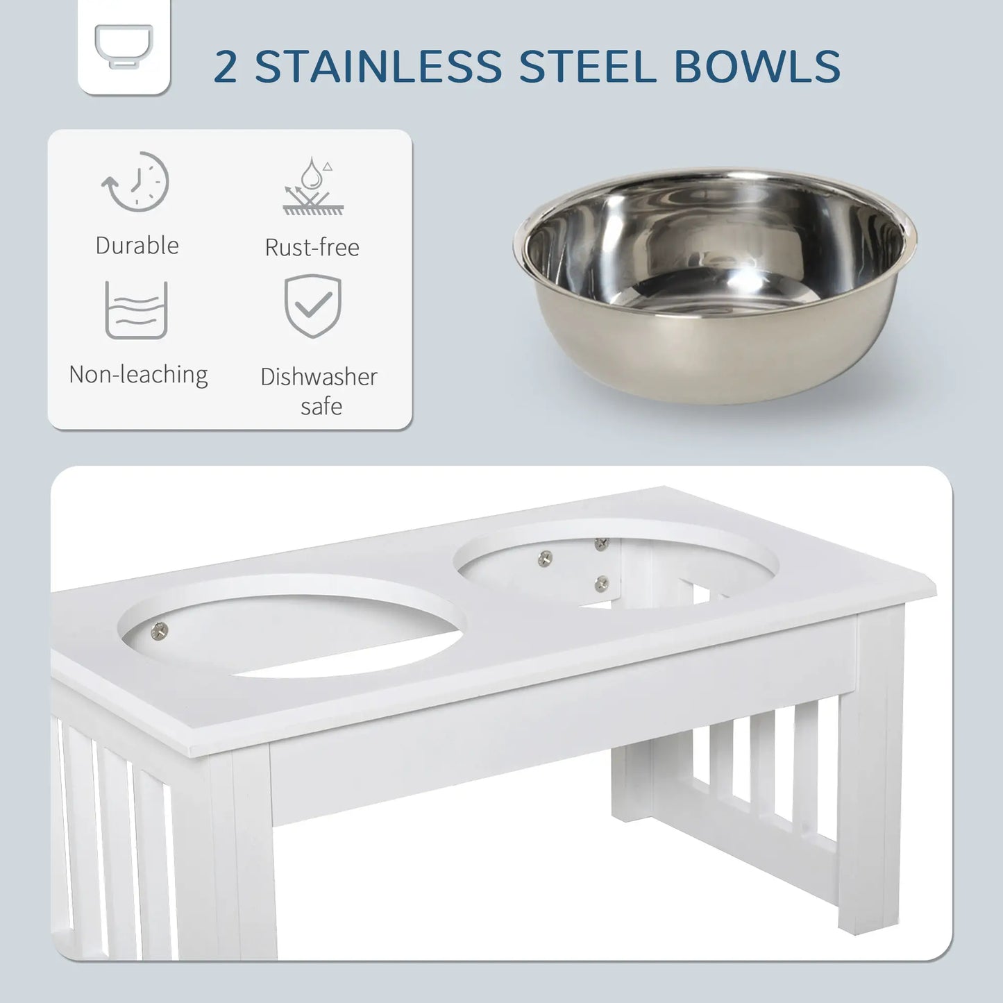 Double Pet Dog Bowl Stand, Elevated Wooden Feeder, Stainless Steel Bowls, White Dog Bowls at Gallery Canada
