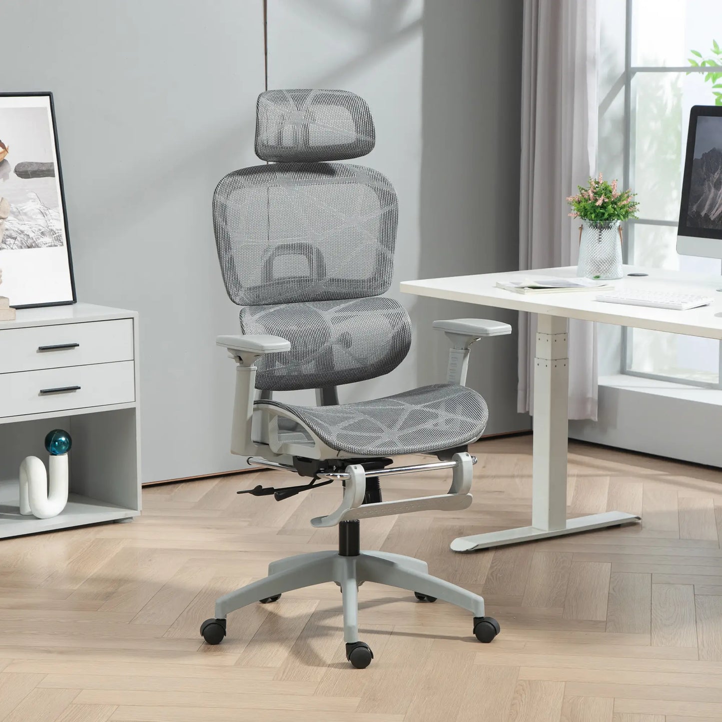 Mesh Office Chair, 3D Armrest, High Back, Lumbar Support, 135° Recline, Adjustable Headrest, Grey Executive & Manager Chairs at Gallery Canada
