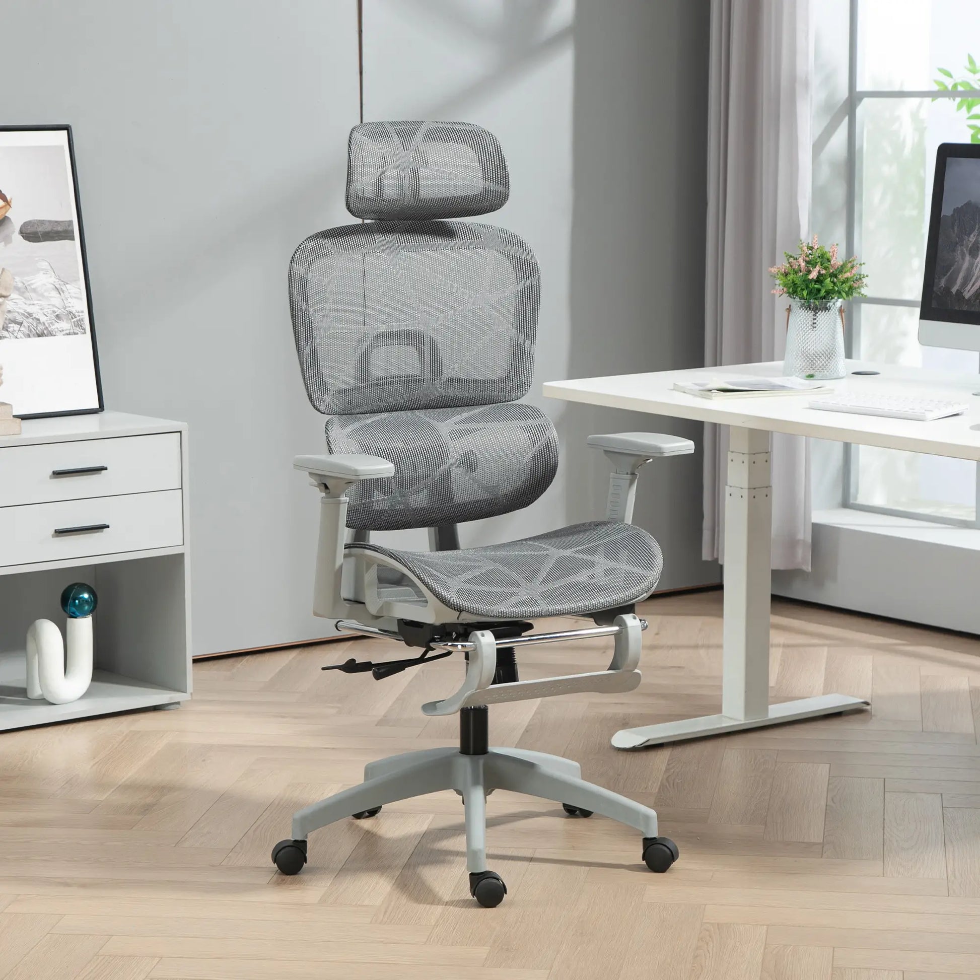 Mesh Office Chair, 3D Armrest, High Back, Lumbar Support, 135° Recline, Adjustable Headrest, Grey Executive & Manager Chairs at Gallery Canada