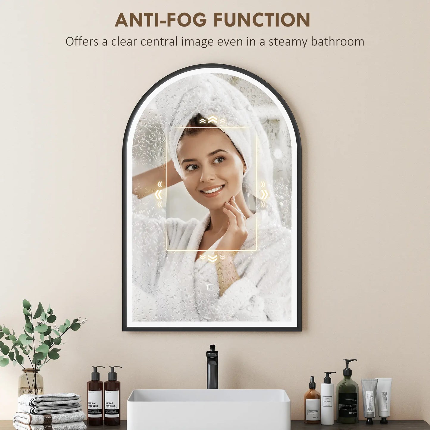 24" x 36" LED Bathroom Mirror, Arched Tempered Glass, Anti-Fog, Dimmable, Black Bath Accessories at Gallery Canada