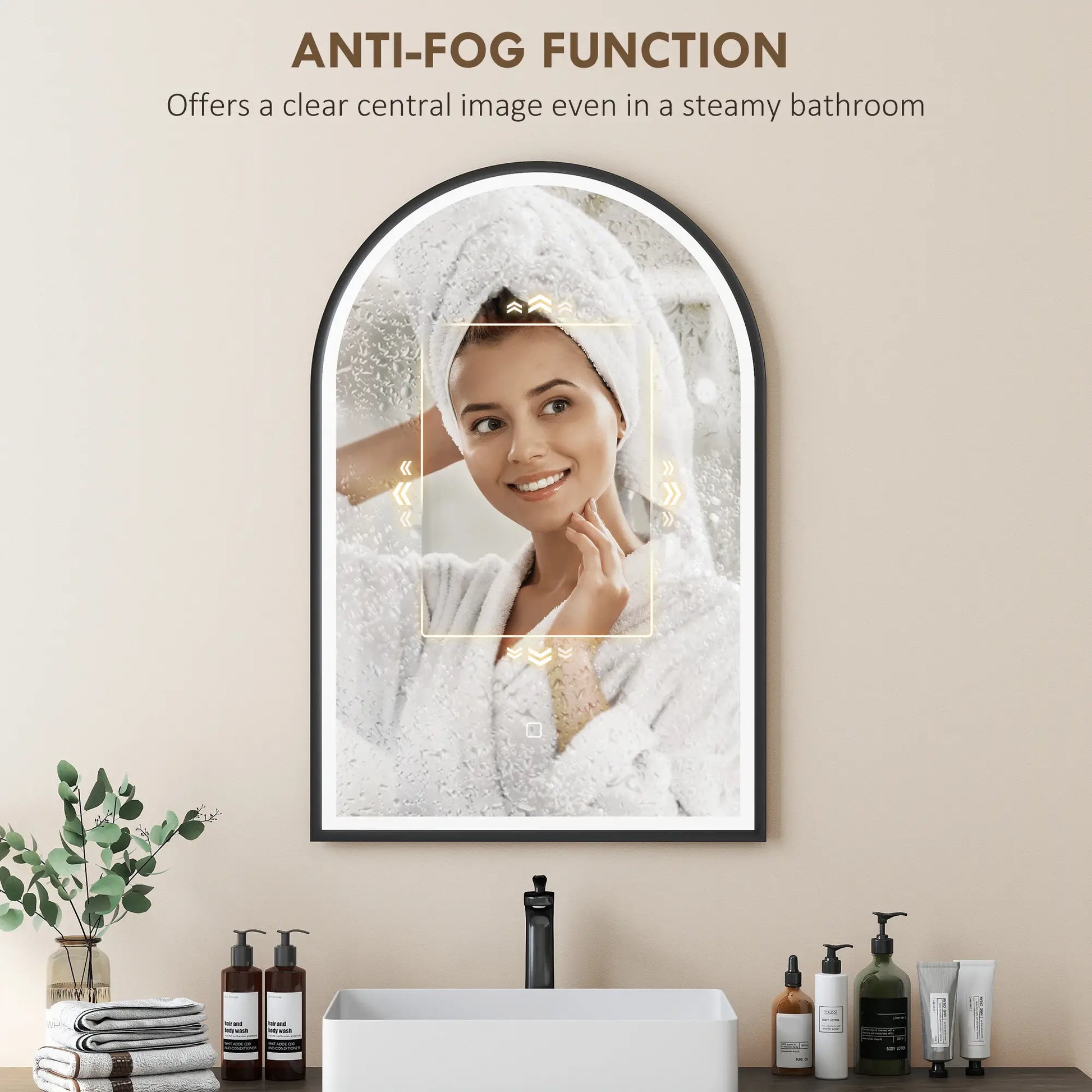 24" x 36" LED Bathroom Mirror, Arched Tempered Glass, Anti-Fog, Dimmable, Black Bath Accessories at Gallery Canada