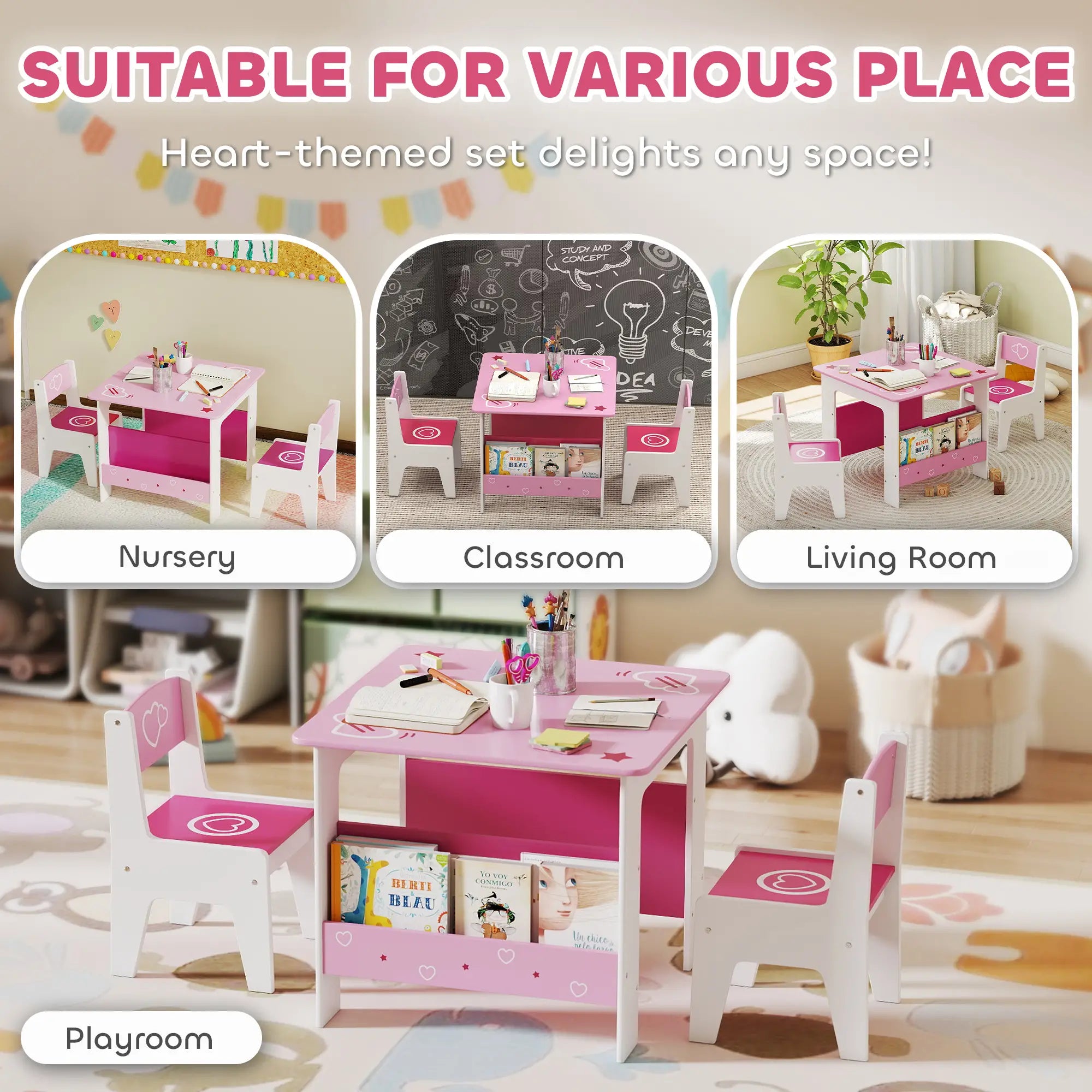 Kids Table Chair Set with Bookshelves, 3 Pieces, Pink Kids Table Sets at Gallery Canada