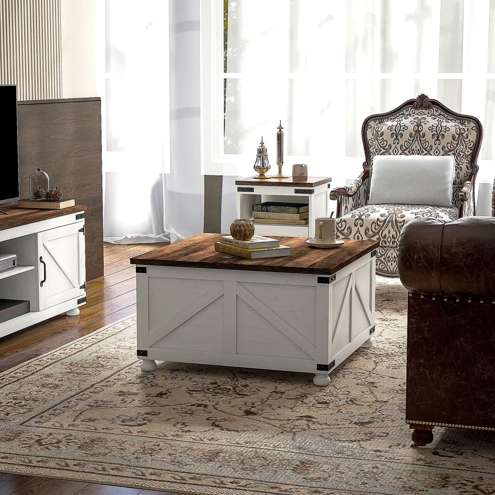 Lift Top Coffee Table, 32" Farmhouse with Hidden Compartment, Antique White, White Coffee Tables at Gallery Canada