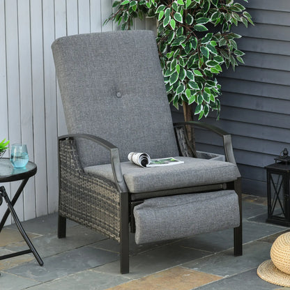 Outdoor Rattan Recliner Chair, Adjustable Back, Retractable Footrest, Grey Chaise Loungers at Gallery Canada