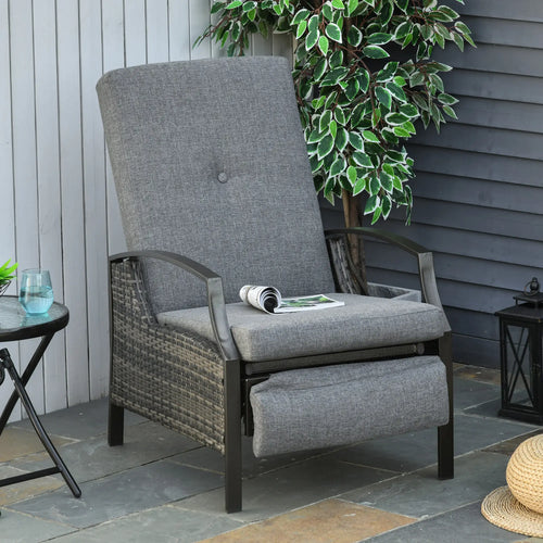 Outdoor Rattan Recliner Chair, Adjustable Back, Retractable Footrest, Grey
