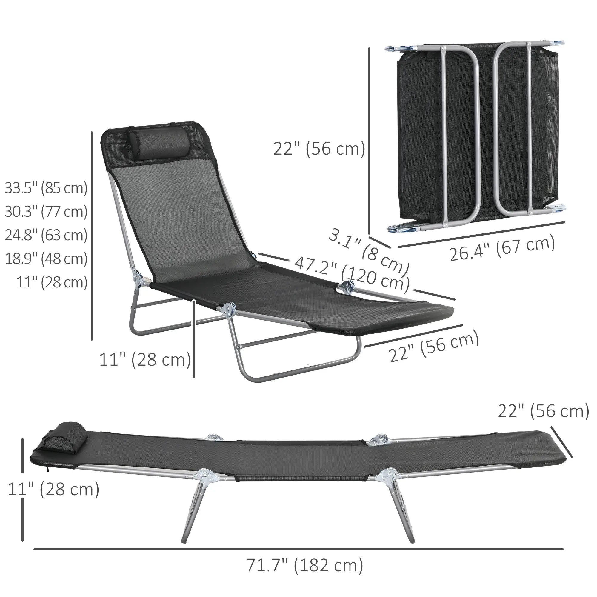 Folding Outdoor Lounge Chair Set, 2 Reclining Tanning Chairs, 5-Position Adjustable Backrest, Black Lounger Chairs at Gallery Canada