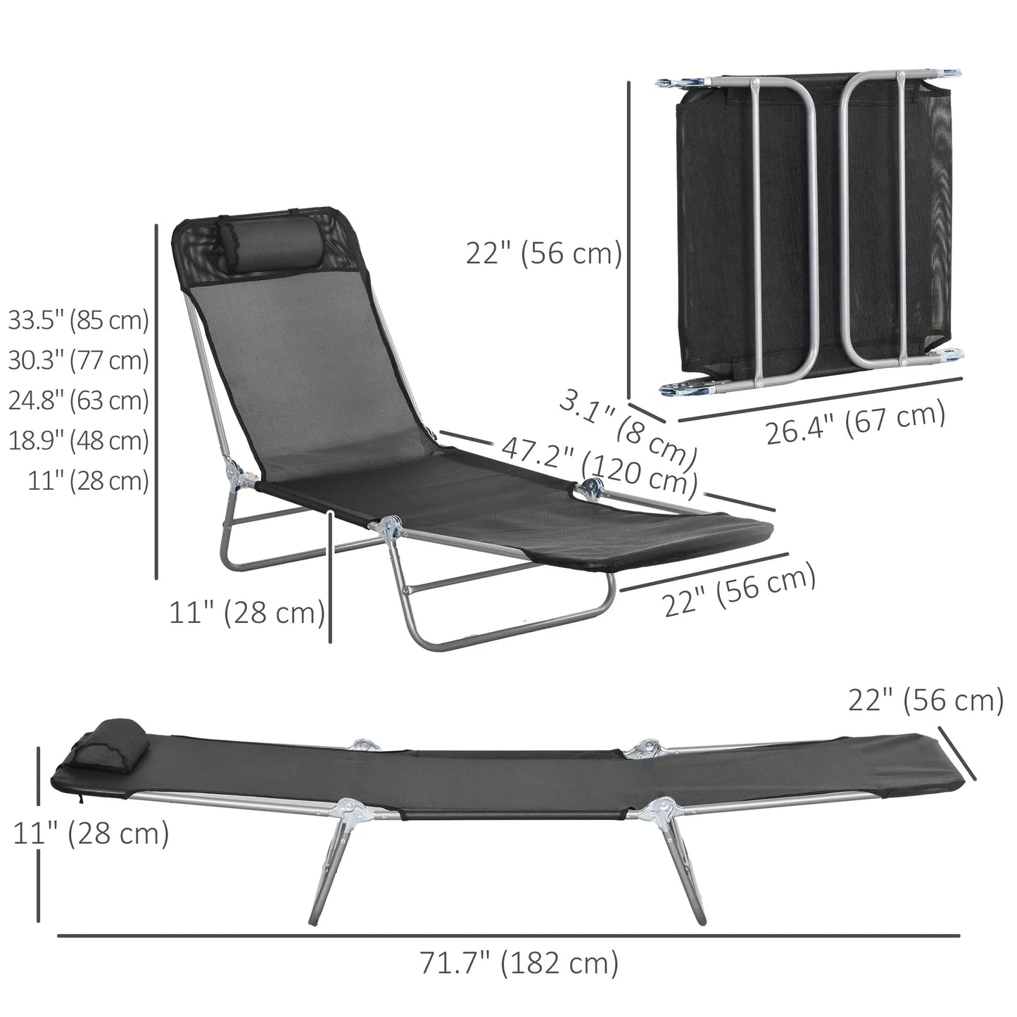 Folding Outdoor Lounge Chair Set, 2 Reclining Tanning Chairs, 5-Position Adjustable Backrest, Black Lounger Chairs at Gallery Canada