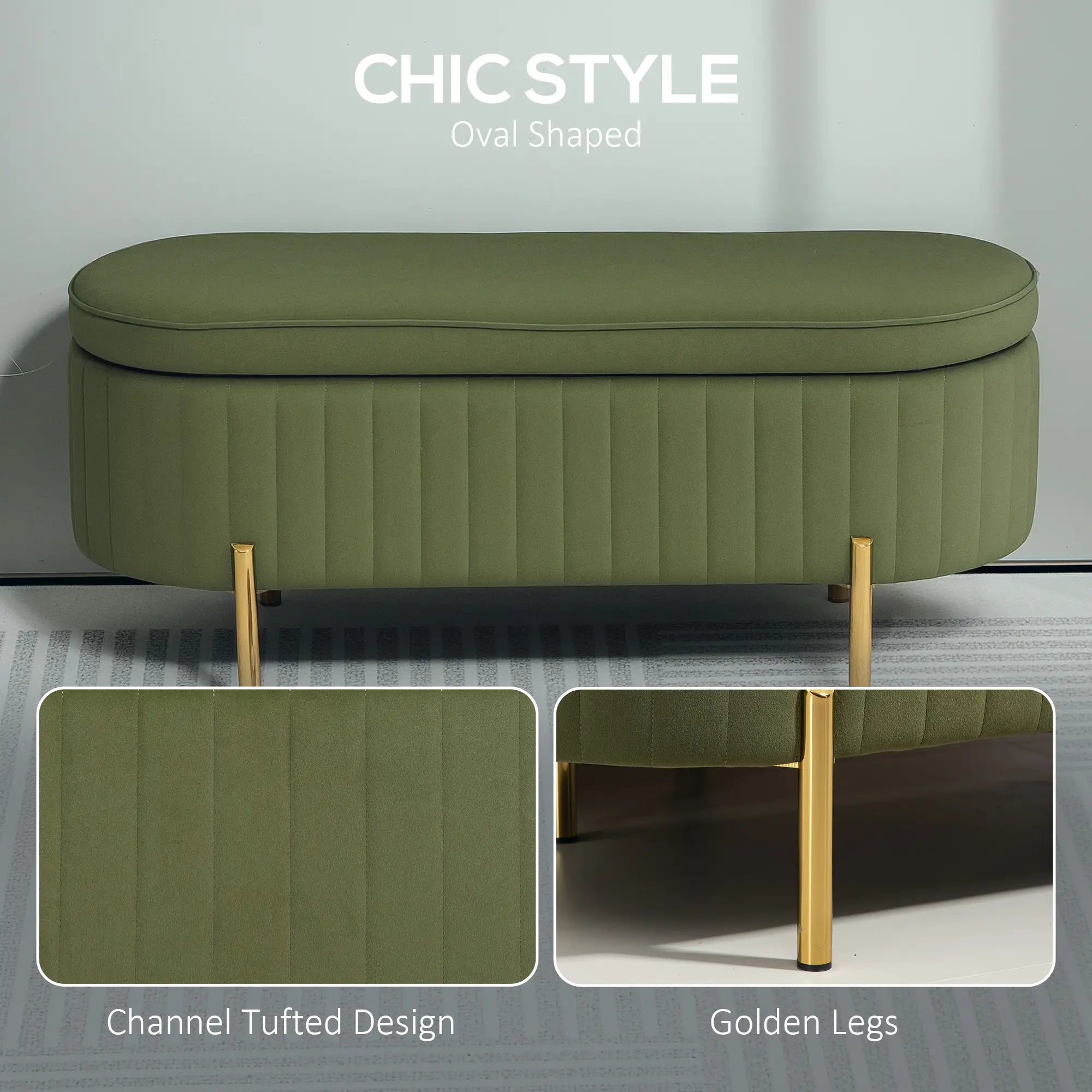 Upholstered Channel Tufted Ottoman Bench, Dark Green Storage Ottomans & Benches at Gallery Canada