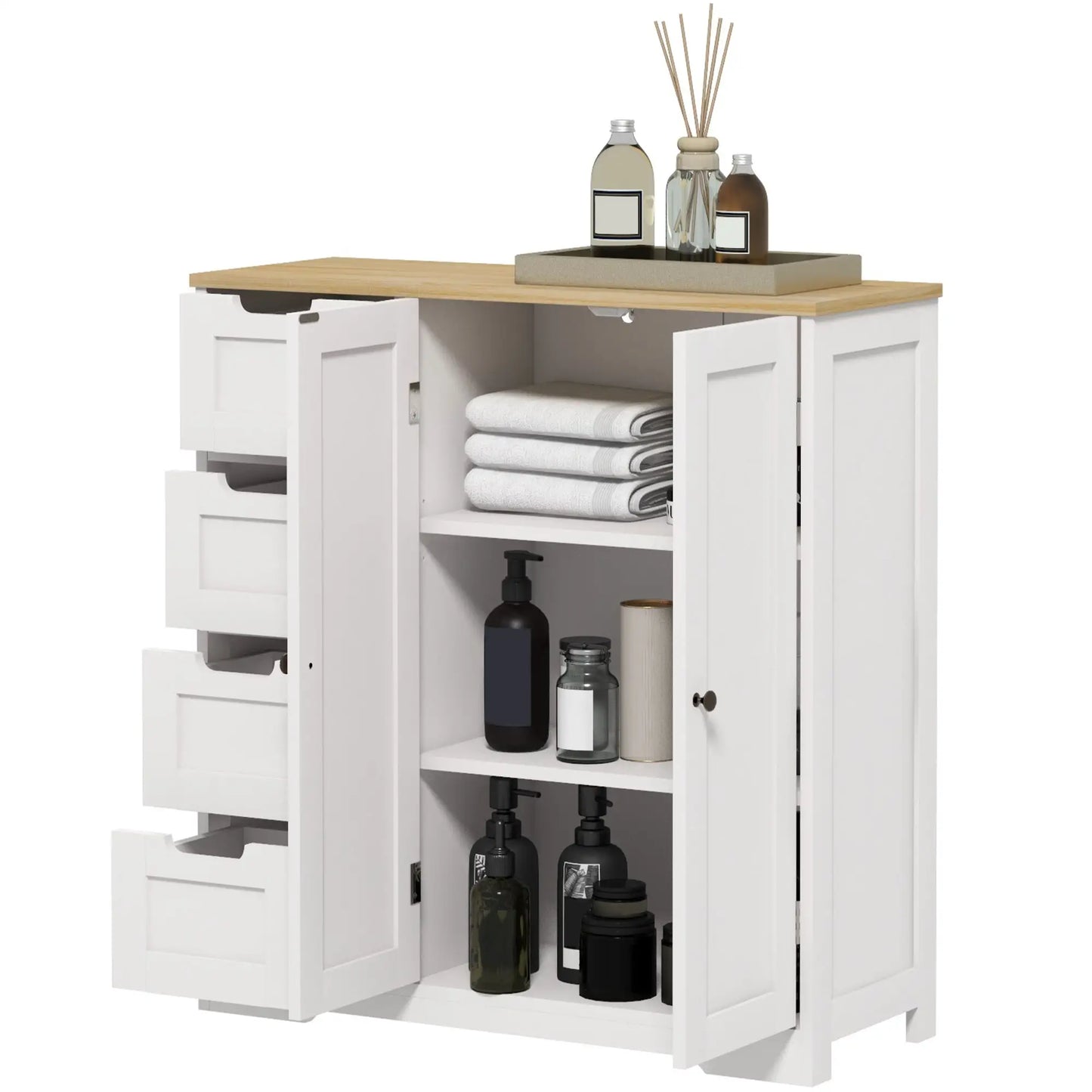 Freestanding Bathroom Floor Cabinet, Adjustable Shelf, 4 Drawers, 2 Doors, White Freestanding Bathroom Cabinets White, Oak at Gallery Canada