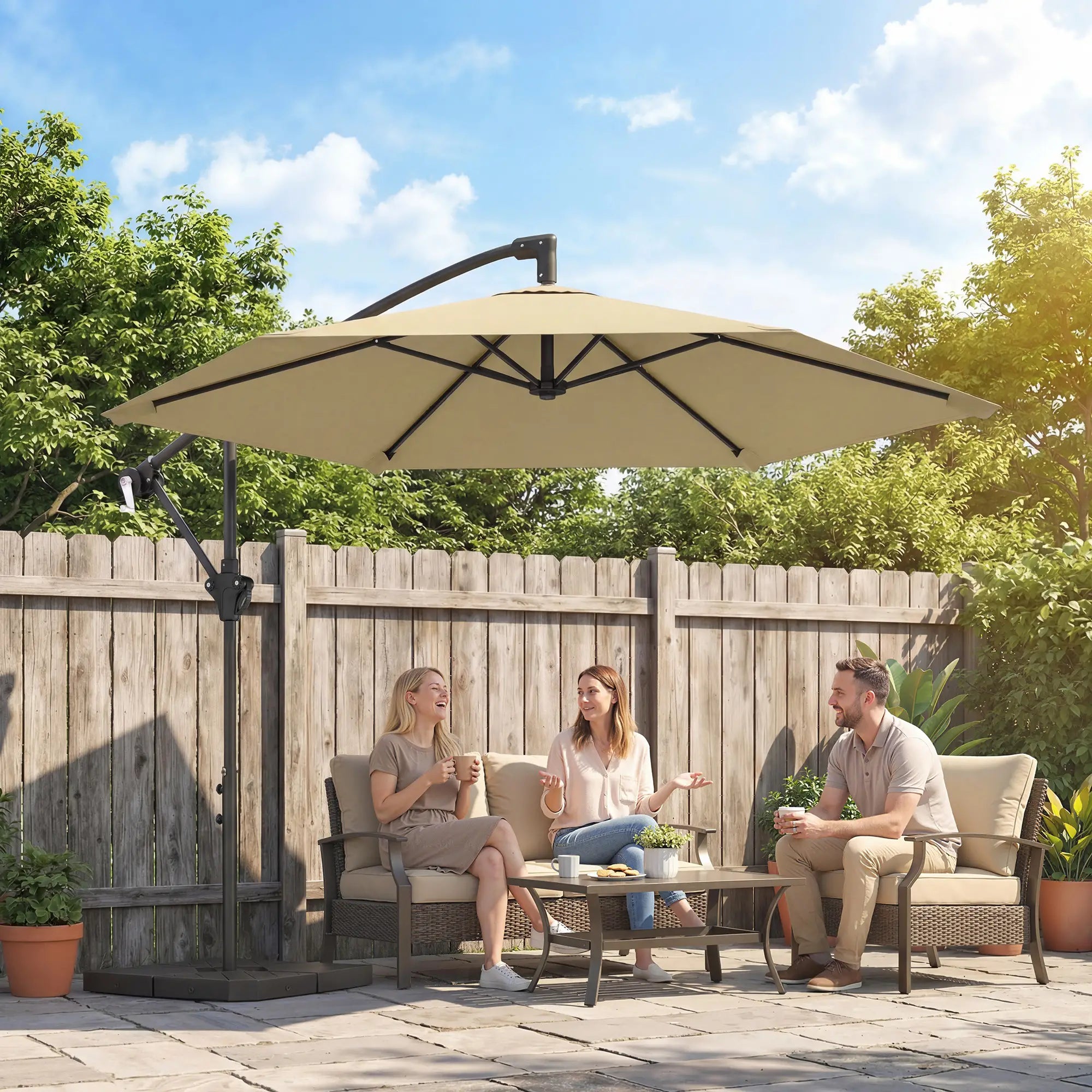 9.7 ft Offset Patio Umbrella, Water/Sand Fillable Weights, Khaki Offset Cantilever Umbrellas at Gallery Canada