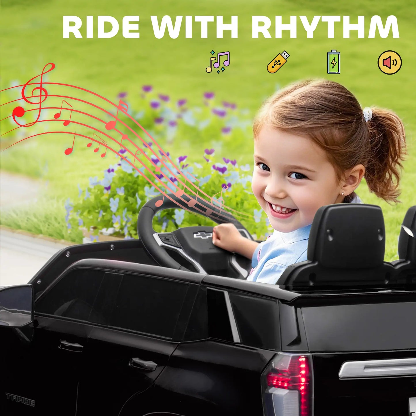 Chevrolet Tahoe Kids Ride on Car, 12V 7AH, Remote Control, 3 Speeds, Black Electric Toy Cars at Gallery Canada