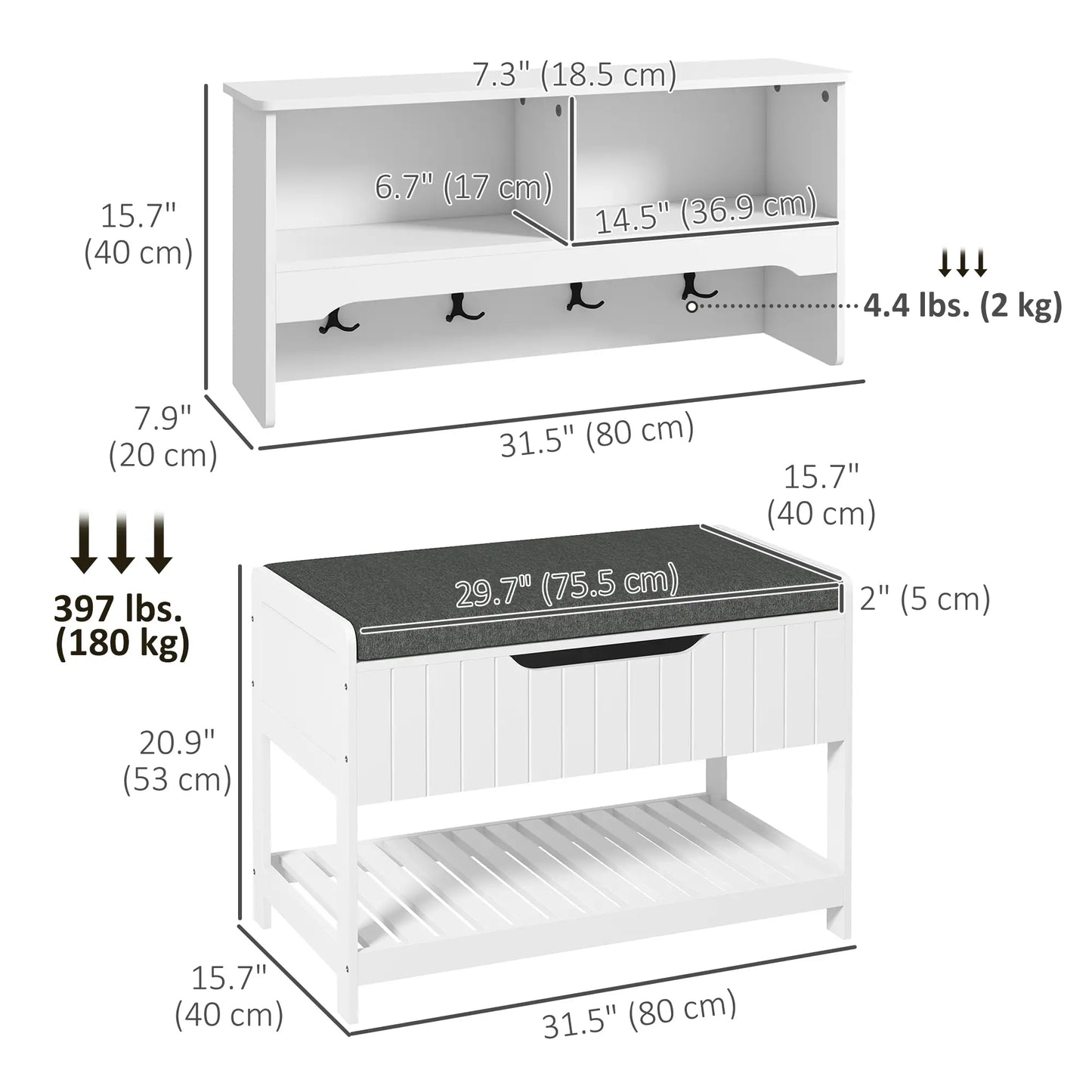 Wall Mounted Coat Rack, Shoe Storage Bench, Hall Tree, White Clothing Storage at Gallery Canada