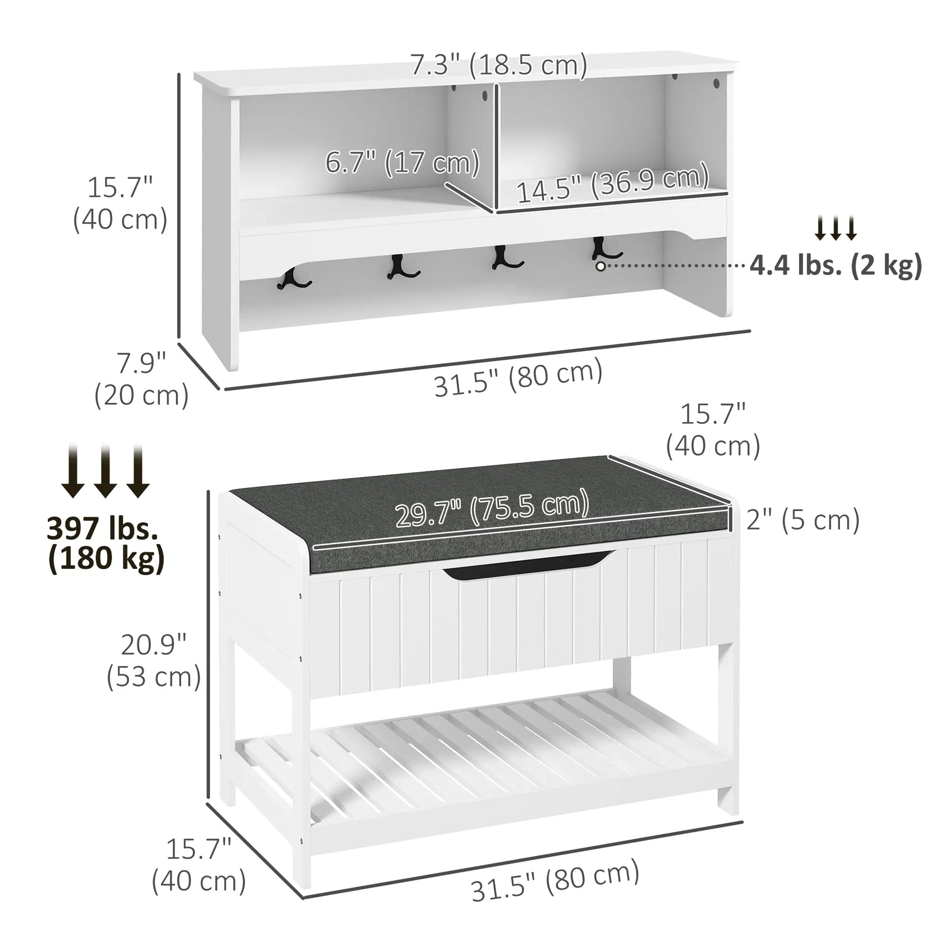 Wall Mounted Coat Rack, Shoe Storage Bench, Hall Tree, White Clothing Storage at Gallery Canada