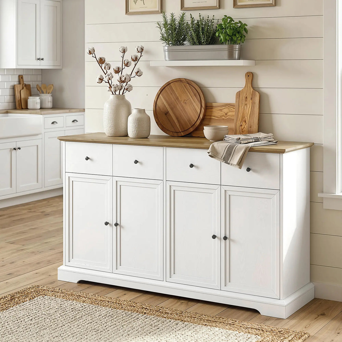 Sideboard Buffet Cabinet, 55" Farmhouse Kitchen Cabinet with Soft-Close Doors, 2 Drawers and 2 Adjustable Shelves