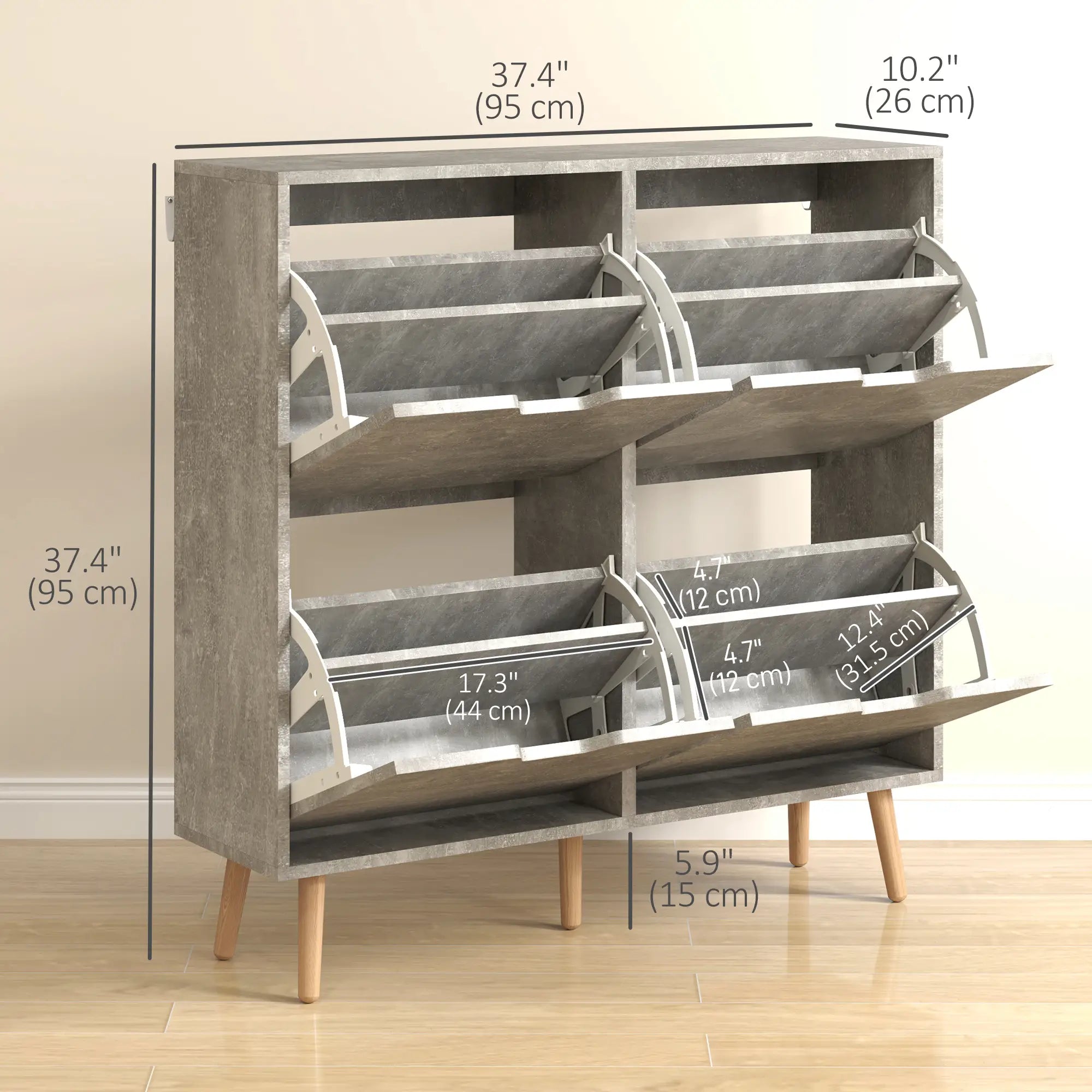 Shoe Storage Cabinet, 4 Flip Drawers, Adjustable Shelf, Holds 8-16 Pairs, Cement Grey Shoe Storage Cabinets & Racks at Gallery Canada