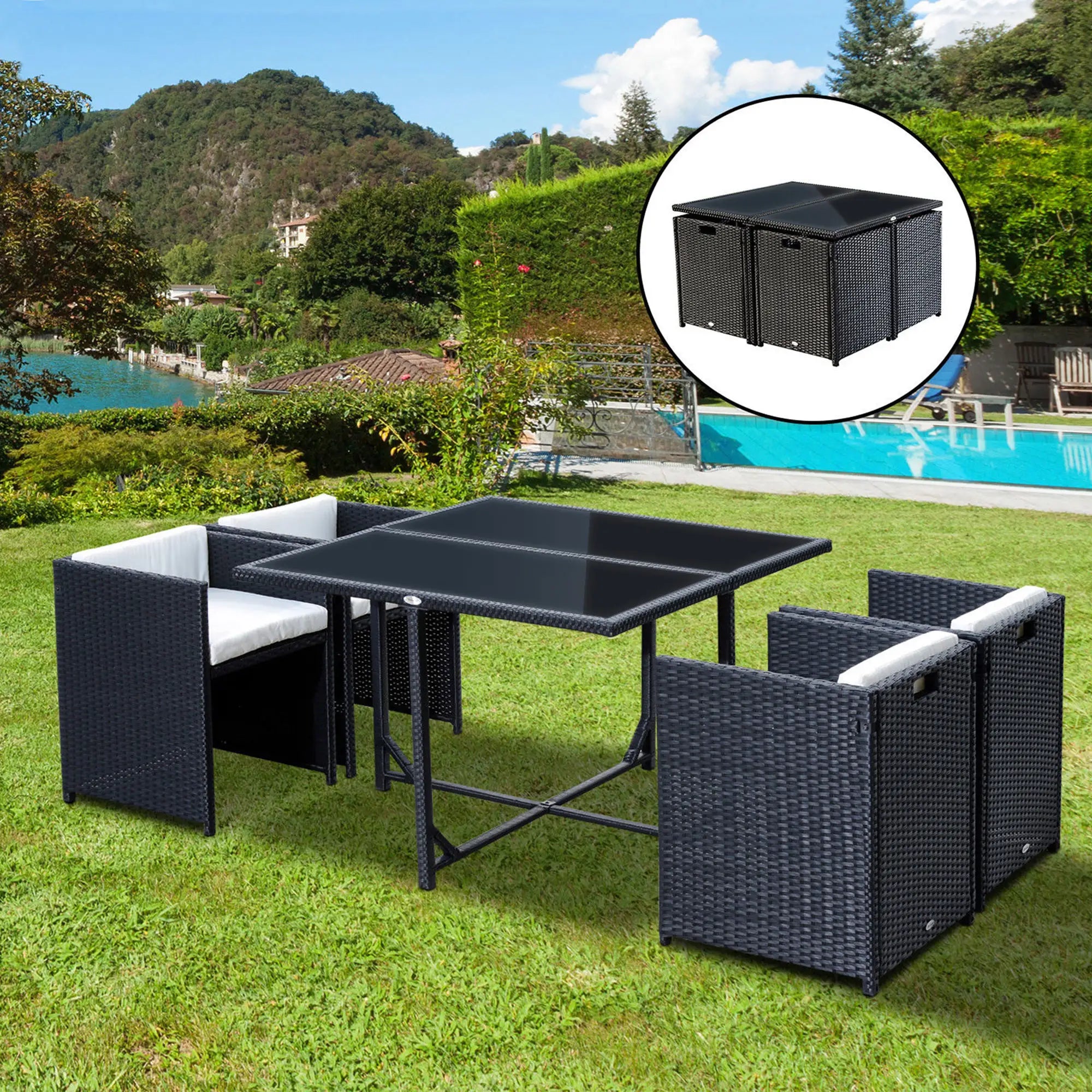 5-Piece Wicker Patio Dining Set, Removable Cushions, Glass Table, Cream Outdoor Dining Sets at Gallery Canada