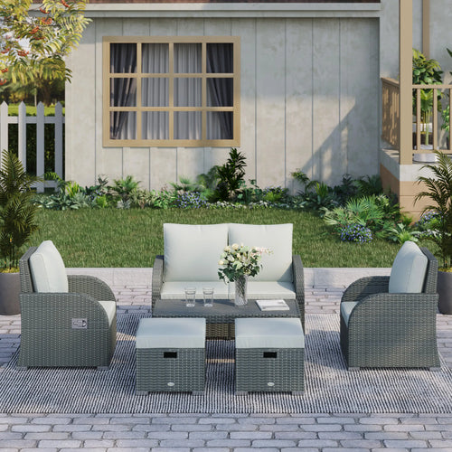 6 PCS Outdoor Rattan Sofa Set, Patio Furniture w/ Tea Table, Cushion, Grey